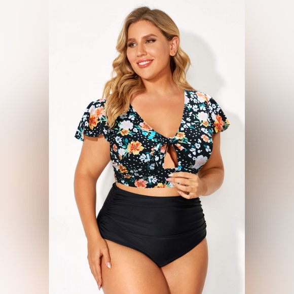 NEW NWT MeetCurve Plus Size Flowered Flutter Sleeve Bikini Top & Swim Brief - Picture 2 of 6